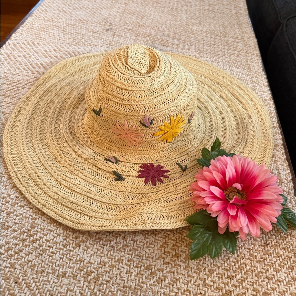 Bioworld Straw Hat with Pink and Yellow Floral Accents